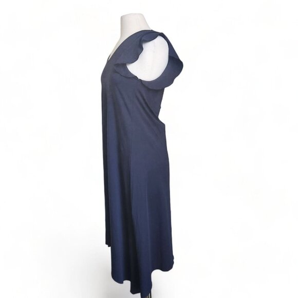 Ann Taylor V Neck Ruffle Flutter Sleeve Midi Maxi Dress Size XS Petite Navy Blue - Picture 4 of 12